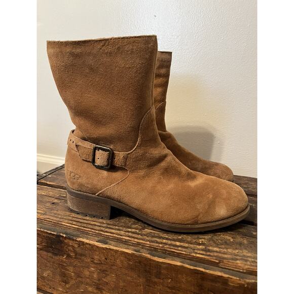 UGG Keppler Chestnut Brown Suede Moto Boots Sheep Wool Lined Heeled Sz 10 Boho - Picture 2 of 14